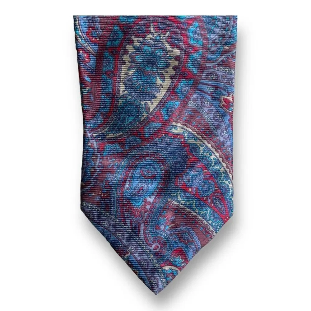 Vintage  Tie Burgundy Blue Retro‎ Paisley Print Silk Heritage Preppy Old Money